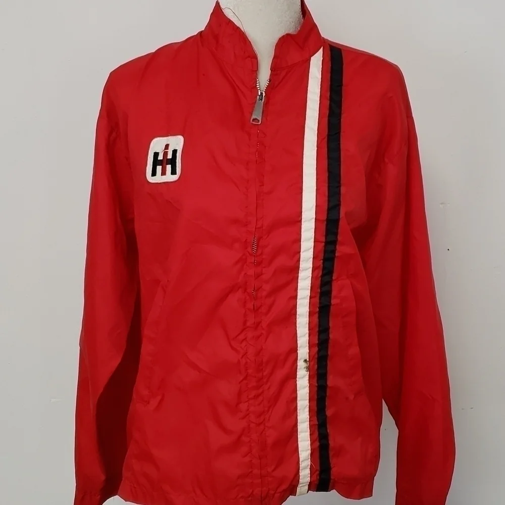 VINTAGE IH International Harvester Unlined Windbreaker Red White Black Stains L